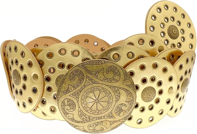 Hollow Wide Disc Belt for Women Concho Leather Metal Buckle Boho Belt Cowgirl Vintage Western Chunky Waist Belts