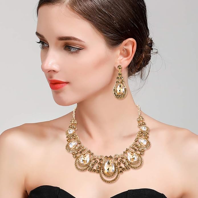 BriLove Women's Costume Fashion Crystal Teardrop Hollow Scroll Statement Necklace Dangle Earrings Set