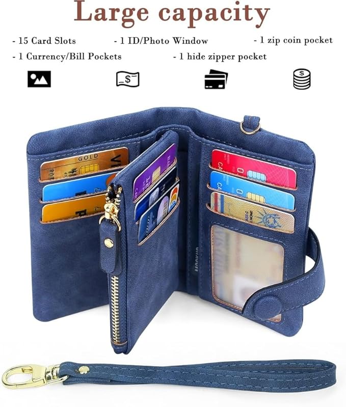 Women's Leather Wristlet Wallet, Bifold RFID Purse with ID Window, Zipper Coin Pocket for Daily Essentials (Navy blue)