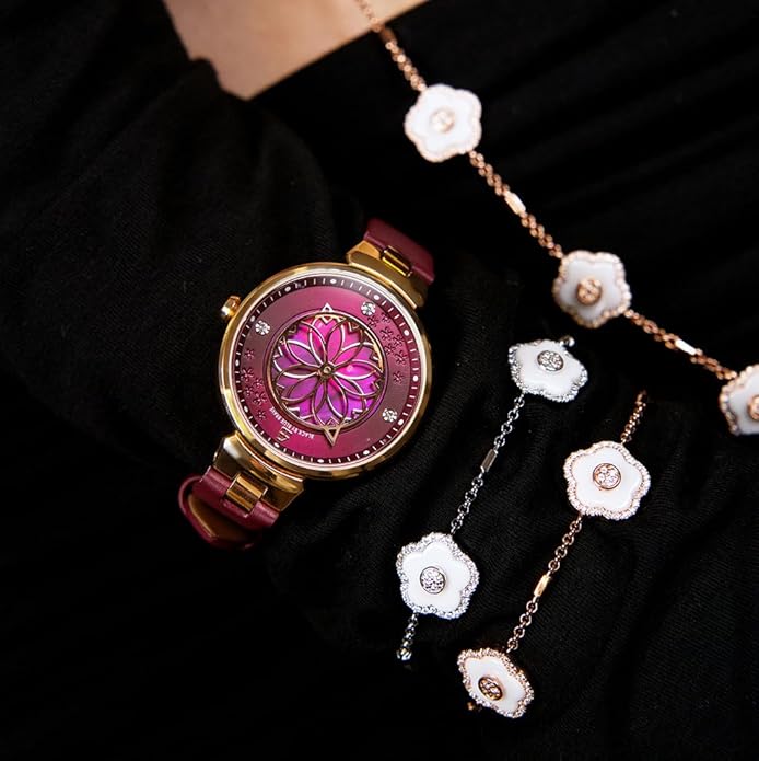 Women Watches Cherry Blossom Women's Watch Mother of Pearl Dial Ladies Watch with Leather Strap Sakura Petal Shape Cherry Blossom Watches for Women Sapphire Crystal Glass for Durability and Clarity