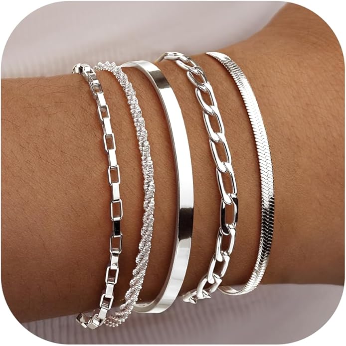 Dainty Thin Gold Bracelet for Women Stack, 14K Gold Plated Bracelet Stackable Set with Bangle Cuff, Box, Herringbone, Paperclip, Figaro, Sparkling Link Chains, Simple Waterproof Non Tarnish Minimalist Gifts for Women Trendy