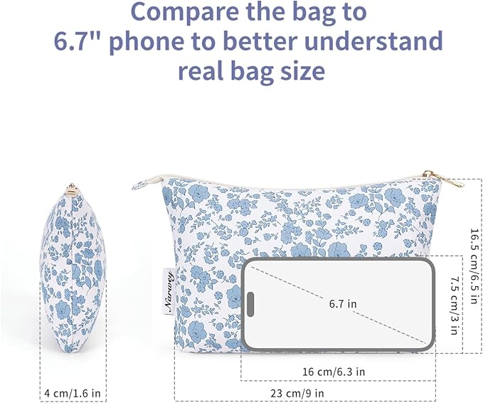Narwey Small Makeup Bag for Purse Travel Makeup Pouch Cosmetic Bag Zipper Pouch Bags for Women (Little Blue Flower)