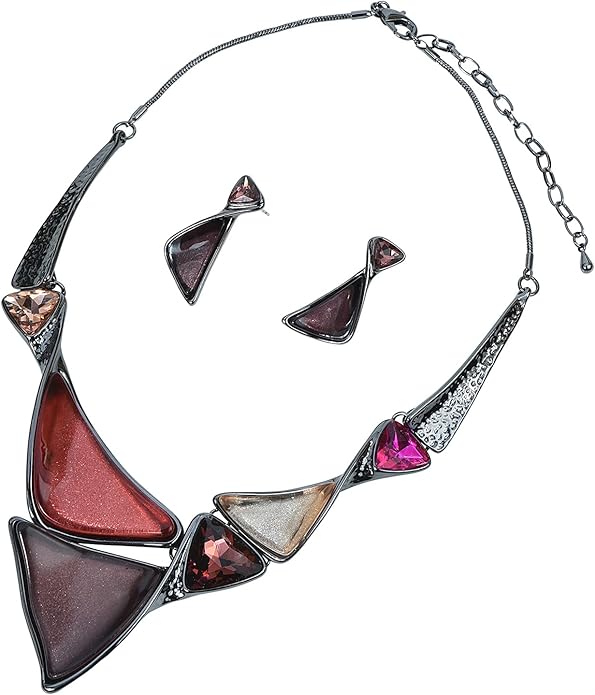 Irregular Enamel Triangle Shape Collar Bib Statement Necklace Earrings Set Women Bridal Jewelry
