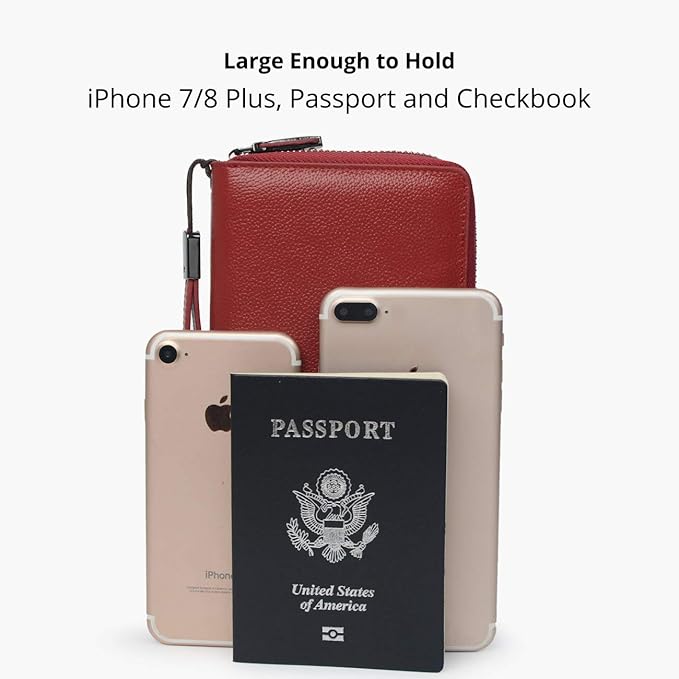 Women's Genuine Leather RFID Blocking Zip Around Wallet with Phone Pocket Large Capacity Travel Wristlet (Wine Red)