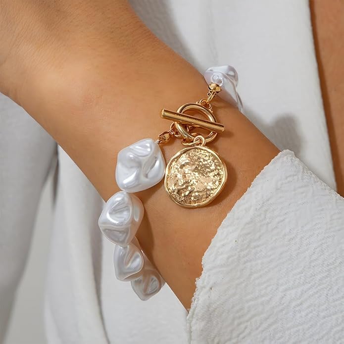 14K Gold OT Buckle Coin Pearl Paperclip Stacked Bracelet Set for Women, Statement Snake Pearl Paper Clip Bracelets Stack Dainty Prom Party Jewelry Gift