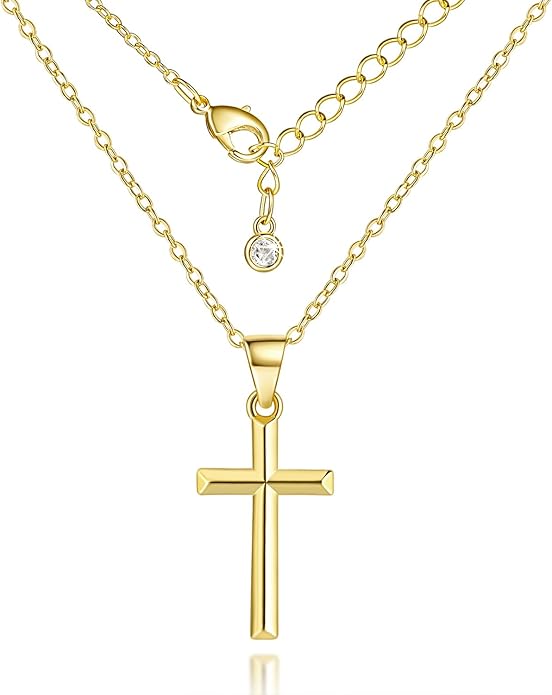 14K Gold Plated Cross Necklace for Women Small Cross Necklace for Women 14K Gold Plated Necklaces for Womens Trendy Modern Minimalist Inspiration Golden Plated Jewelry for Womens Crosses Pendant (A-Cross)
