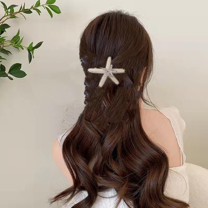 Pearl Starfish Hair Clip, Rhinestone Crystal Sea Star Hair Pins Alligator Barrettes Ponytail Holder Bride Beach Wedding Headpiece, Mermaid Costume Accessories for Women Girls(K)