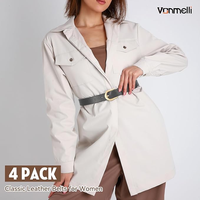 VONMELLI 4 Pack Womens Thin Leather Belt Skinny Waist Belts for Women Fashion Jeans Dress with Gold Buckle