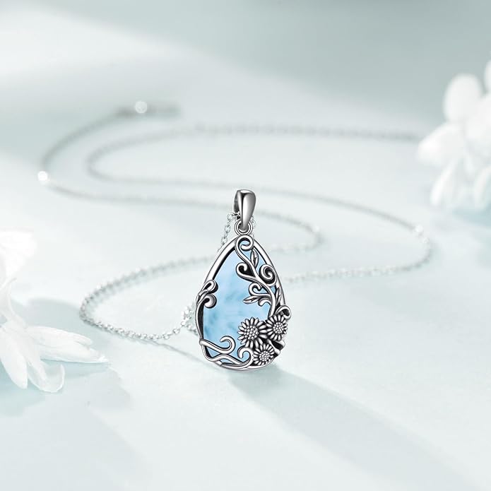 YFN Black Obsidian/Moonstone/Turquoise/Moss Agate Sunflower Filigree Teardrop Pendant Necklace Jewelry for Women - 925 Sterling Silver