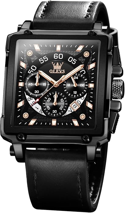 OLEVS Men's Casual Leather Watch, Big Face Chronograph Watch for Men, Fashion Easy to Read Dress Watch, Men's Waterproof Luminous Date Analog Watch, Gold/Black/White/Blue Dial
