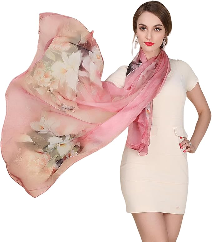 100% Mulberry Silk Women's Neck Silk Scarf-Lightweight Shawl,FLoral Print Beach Silk Wrap-Scarves for Photography