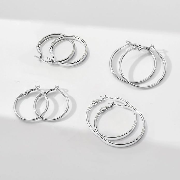 4 Pairs Silver Gold Hoop Earrings for Women | 14K Gold Plated Hoop Earrings Set Hypoallergenic Earring Lightweight Dangle Earrings Set