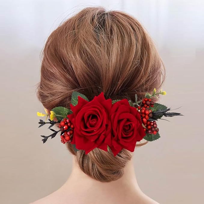 Flower Hair Clip for Women - Elegant Hair Accessory for Wedding, Party & Daily Wear (Burgundy)