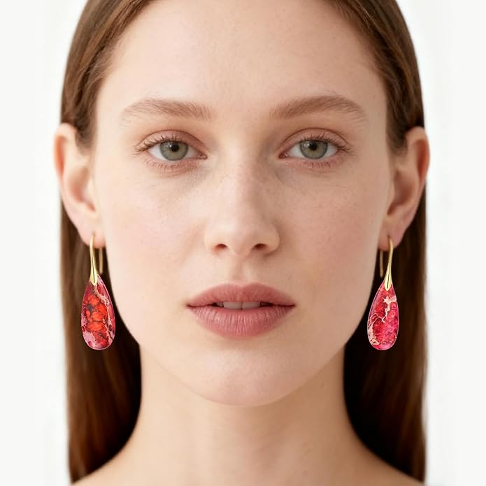 Emperor Stone Dangle Earrings for Women - Natural Healing Crystal Earrings with Gold Fishhooks in Soothing Colors, Unique Personalized Valentine‘s Day Gift Set for Her
