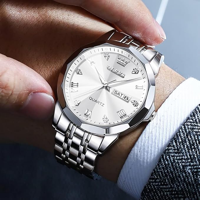 OLEVS Watch for Men Women Large Face Unisex Diamond Luxury Dress Analog Quartz Stainless Steel Waterproof Luminous Date Business Casual Wrist Watch