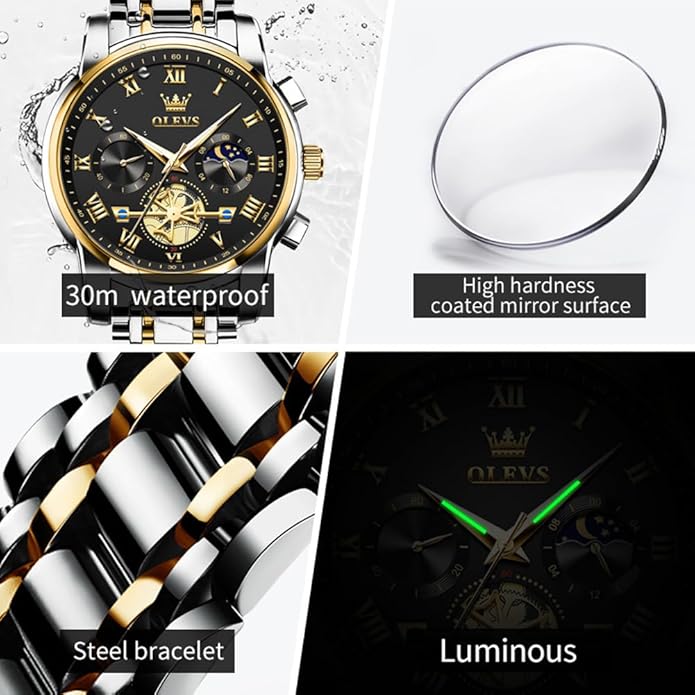 OLEVS Mens Watches Waterproof Stainless Steel Adjustable Bracelet Watch Quartz Analog Watch for Men Fashion Business Classic Mens's Wrist watch's Casual Watches Gold/Blue/Black/White/Face/Dial
