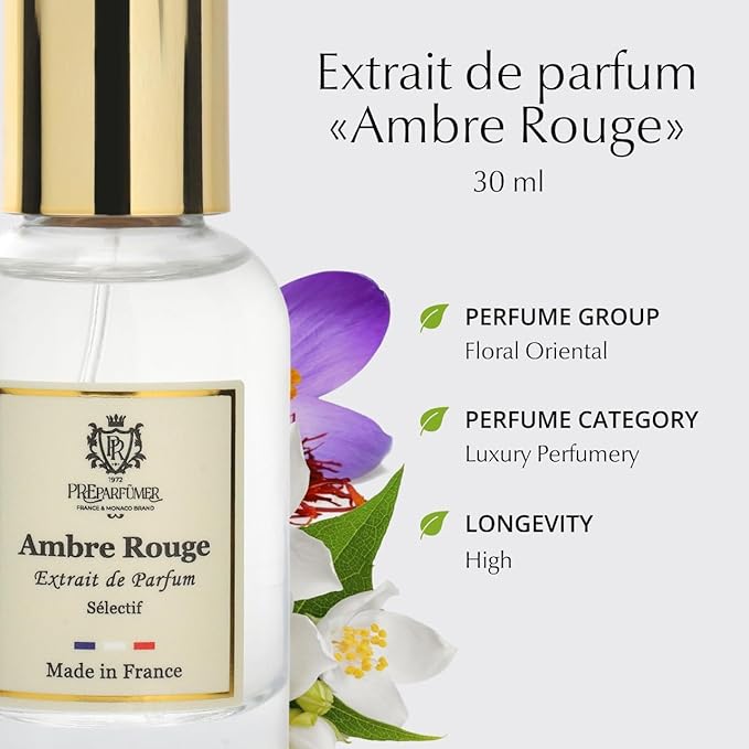 PREparfume From France Ambre Rouge 30ml – Warm Oriental Floral Scent From France – Luxury Fragrance with Saffron, Jasmine – Long Lasting Perfume With Amber and Oud Notes