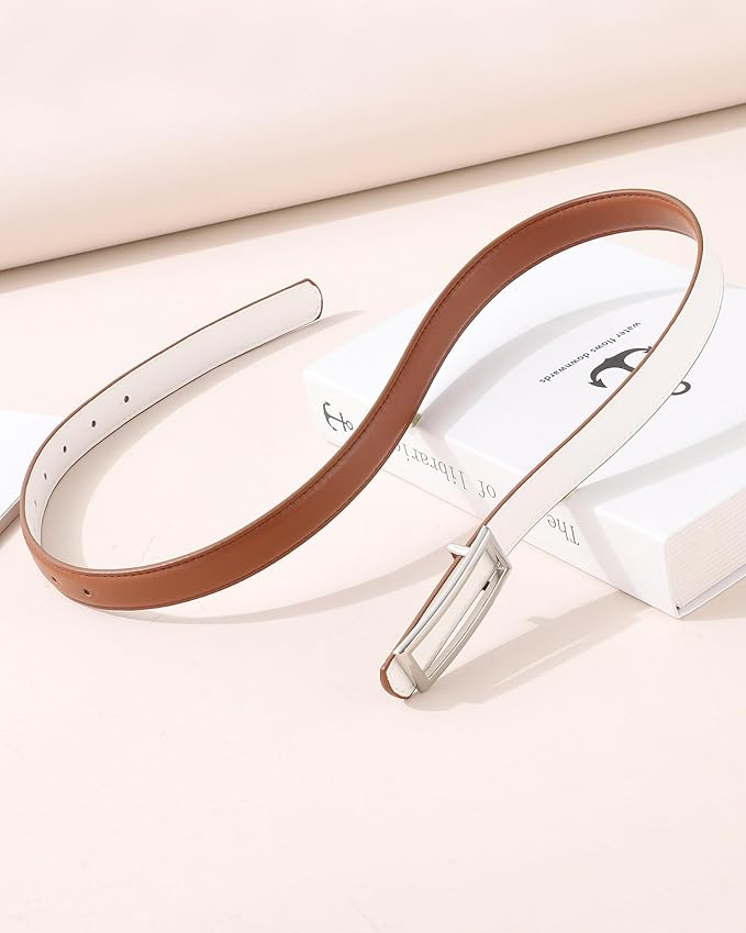 AWAYTR Women Reversible Leather Belt - Two-in-One Women Fashion Skinny Belt for Jeans with Golden Buckle