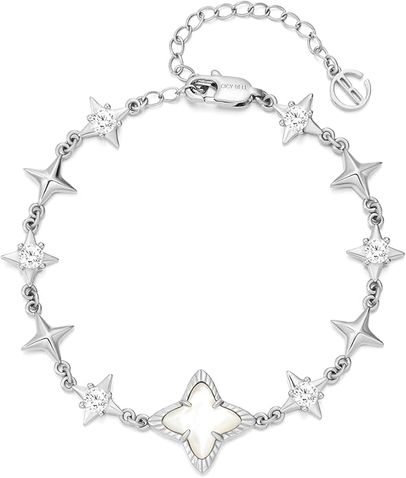 Cicy Bell Womens 18k Gold Plated White Shell Cubic Zirconia Square Cross Adjustable Chain Link Bracelets 6.69" with 2" Extender