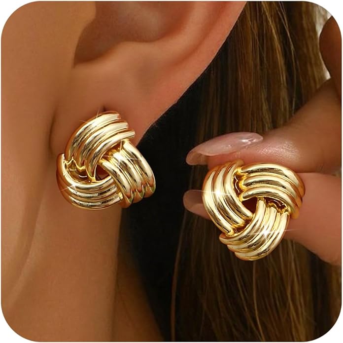 ORAZIO Chunky Gold Plated Knot Earrings for Womens Trendy 925 Silver Statement Lightweight Dangle Drop Hypoallergenic Large Geometric Stud Earring Jewelry for Women