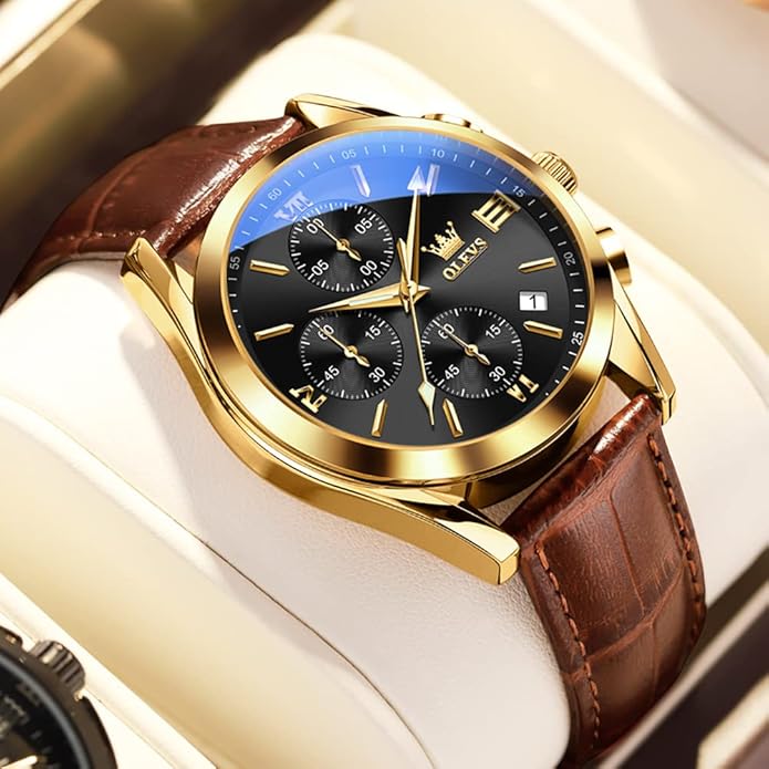 OLEVS Men's Watches Brown Leather with Date,Casual Watches for Men,Large Face Watches Men,Chronograph Mens Watch,Sport Waterproof Business Dress Analog Quartz Men's Wrist Watches Reloj De Hombre