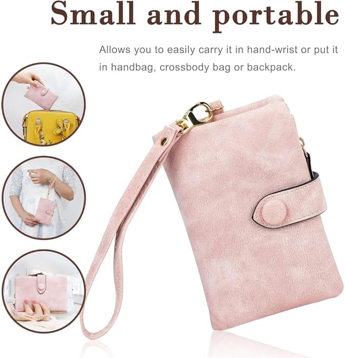 Women's Leather Wristlet Wallet, Bifold RFID Purse with ID Window, Zipper Coin Pocket for Daily Essentials (Pink)