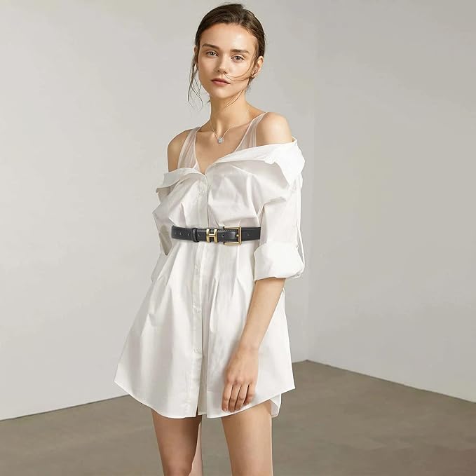 Women's Fashion Classic Metal Buckle Leather Belt with Jeans Dress