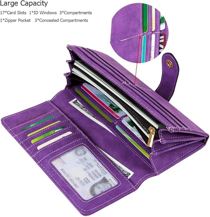 Women's Vegan Leather 17 Card Slots Card Holder Long Big Bifold Wallet