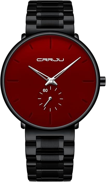 Mens Watches Ultra-Thin Minimalist Waterproof-Fashion Wrist Watch for Men Unisex Dress with Stainless Steel Mesh Black Red
