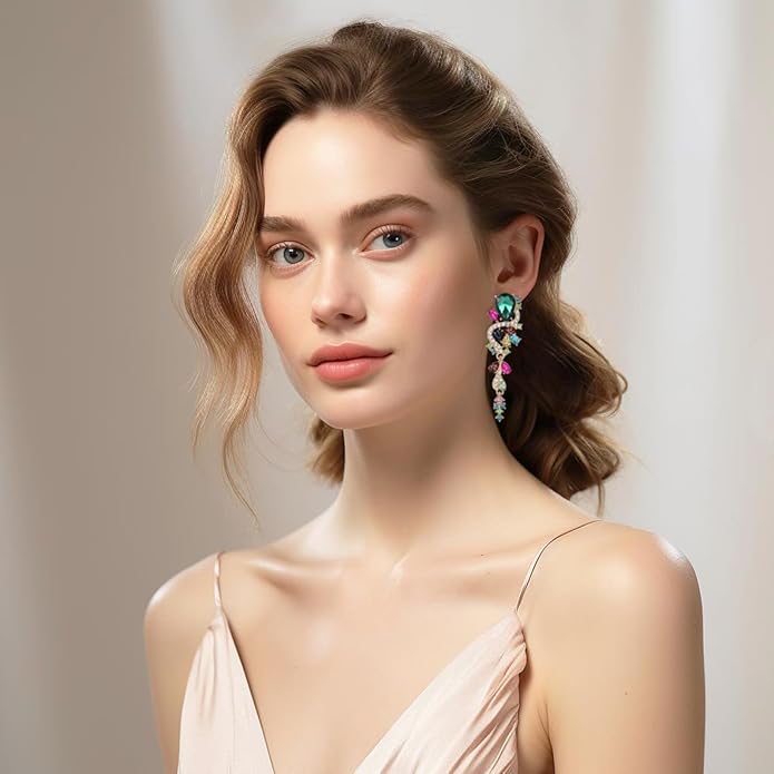 Fashion Rhinestone Statement Drop Dangle Earrings Long Colorful Crystal Bridal Wedding Teardrop Chandelier Earrings for Women Prom Pageant