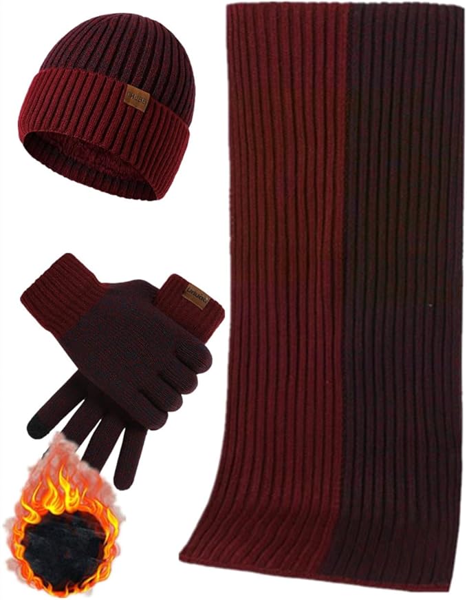 Mens Winter Scarf Hats and Gloves Set Knit Beanie Hat Warmer Scarfs and TouchScreen Glove 3 Pcs for Men
