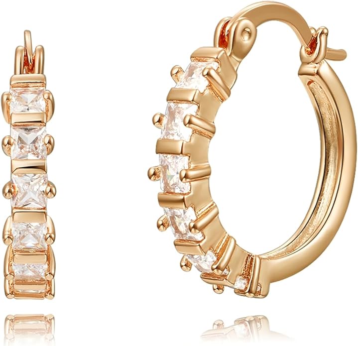 14K Gold Plated Cubic Zirconia Hoop Earrings,Three Row Diamon | Arrows | Double Row of Diamonds Huggie Earrings for Women