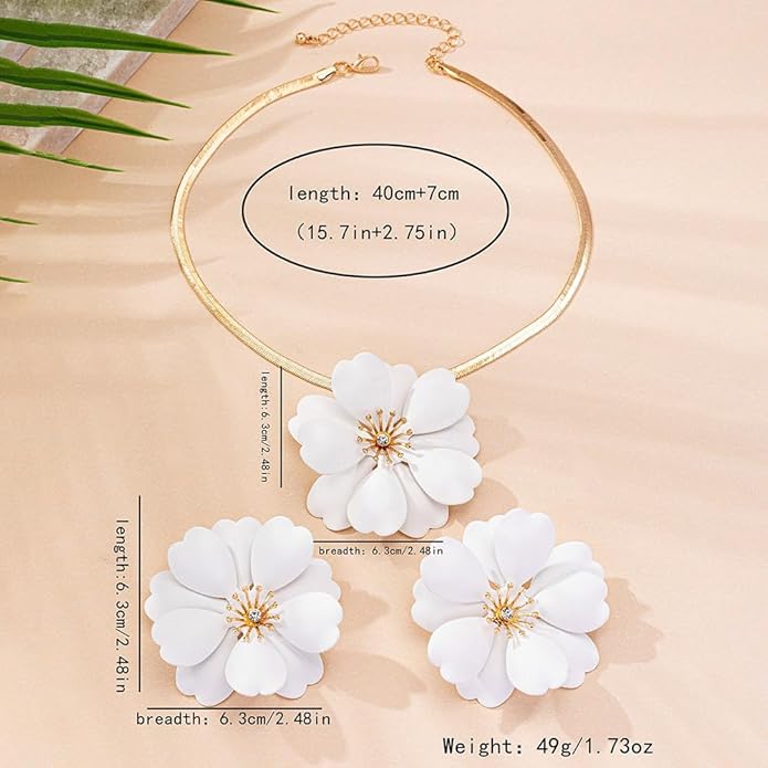 Vintage Flower Necklace Earring Set Gold Snake Chain Necklace Bohemian Red Flowers Choker Necklaces Hypoallergenic Statement Flower Stud Earrings Elegant Bridal Wedding Summer Beach Jewelry