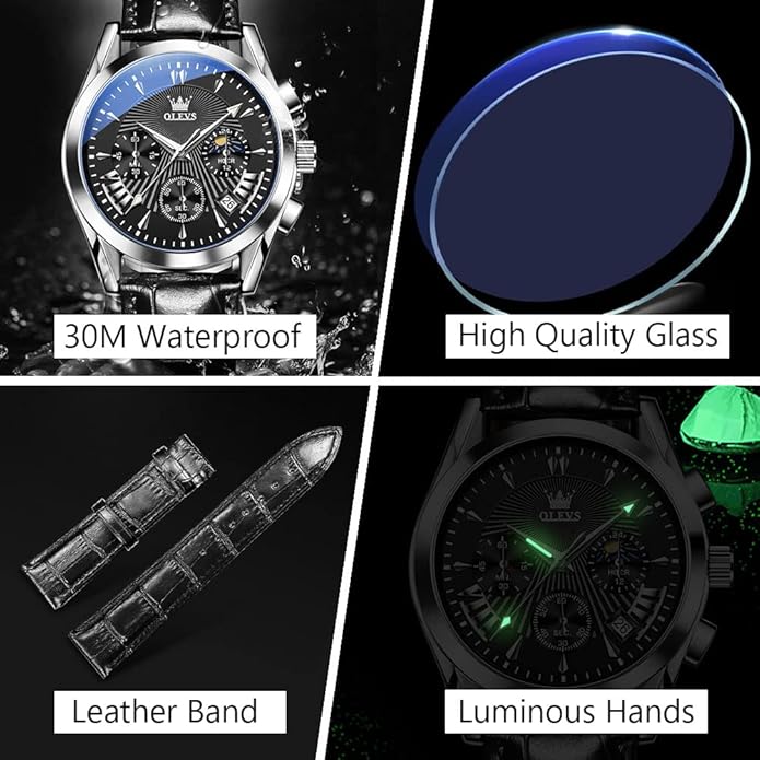 OLEVS Men's Casual Leather Watch, Big Face Chronograph Watch for Men, Fashion Easy to Read Dress Watch, Men's Waterproof Luminous Date Analog Watch, Gold/Black/White/Blue Dial