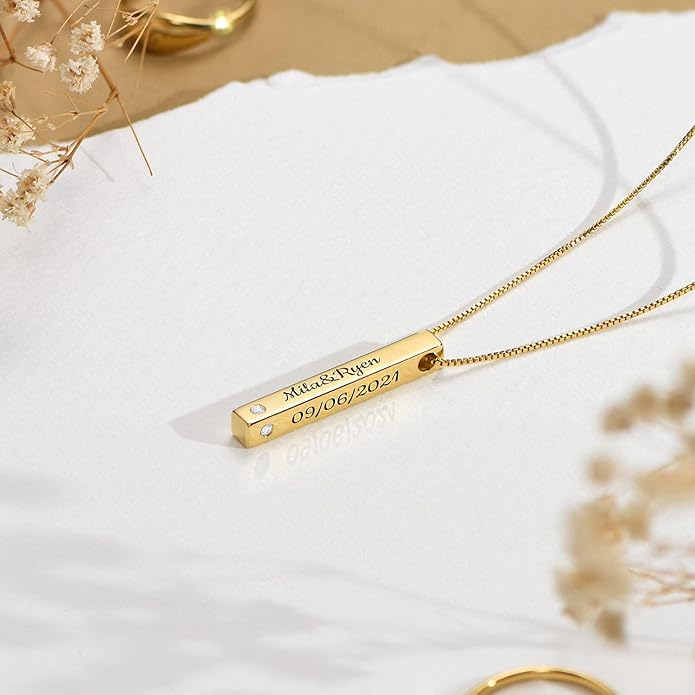 OAK & LUNA - Personalized Pillar Bar Necklace with Diamond Options - Custom Inscription Engraved Pendant - Up to 4 Names - Jewelry Gift for Women, Her, Mother For Mother's Day, Christmas