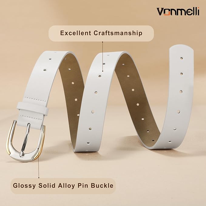 VONMELLI Women Leather Belt for Pants Jeans Dresses Ladies Belts with Fashion Gold Silver Buckle