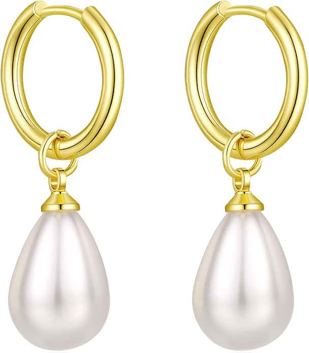 14k Gold Plated Lightweight Pearl Earrings,Trendy Jewelry,Teardrop Hoop Earrings for Women,Pearl Drop Earrings,Elegant Jewelry for Gifts