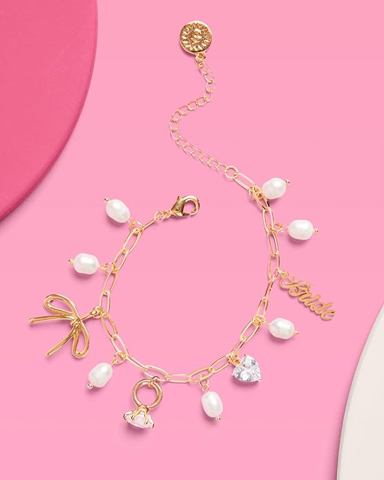 xo, Fetti Gold Bride Charm Bracelet | Pearl Bachelorette Accessory, Rhinestone Bridal Jewelry, Bach Party Decorations, Bridesmaid Gift, Wedding Chain Bangle
