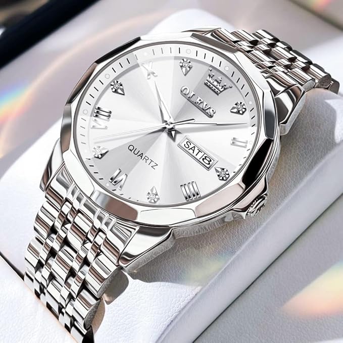 OLEVS Watch for Men Women Large Face Unisex Diamond Luxury Dress Analog Quartz Stainless Steel Waterproof Luminous Date Business Casual Wrist Watch