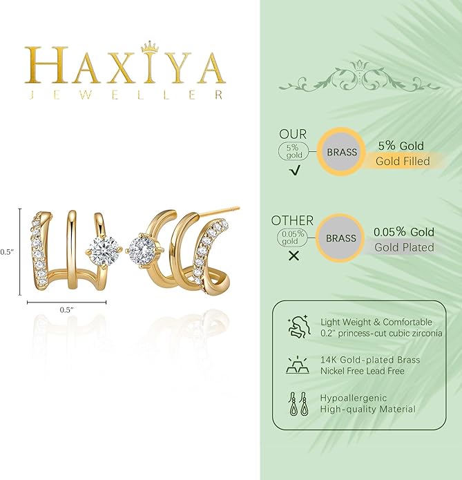 14K Gold Plated Hoop Earrings for Women Triple Huggie Illusion Stud Earring | Double Huggie Hoop Earrings for One Hole | Claw Ear Cuff Earring Jewelry Gift for Women