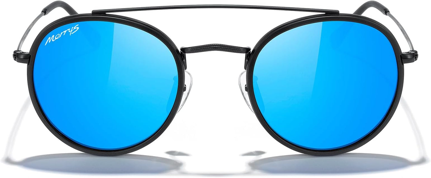 MERRY'S Retro Round Polarized Sunglasses - Unisex Double Bridge Sun Glasses