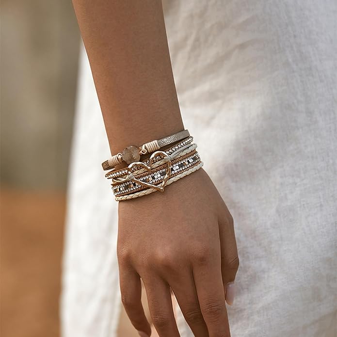 Fesciory Leopard Bracelet for Women, Boho Leather Wrap Multi-Layer Pearl Crystal Bracelet Bangle Jewelry