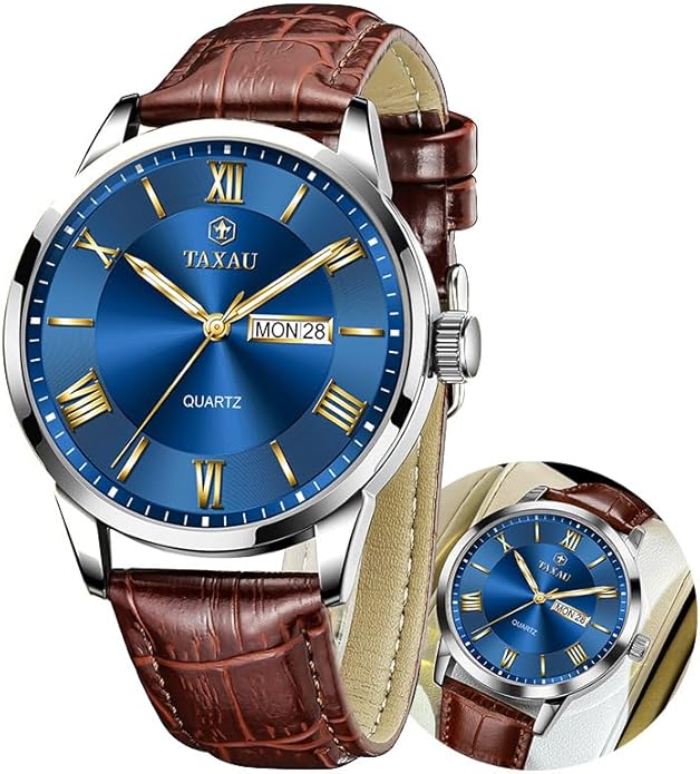 Leather Band Mens Watches with Day Date Quartz Analog Large Face Classic Watch Roman Numerals Dress Luminous Rlojes para Hombres