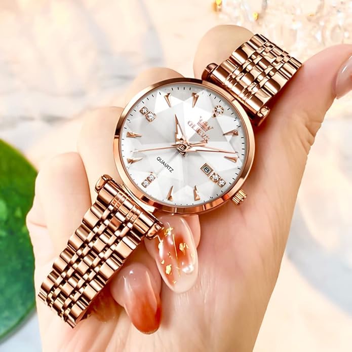 OLEVS Women Watches Simple Dress Ladies Watch Rose Gold Stainless Steel Watch Waterproof Quartz Date Luxury Diamond Small Wristwatch Fashion Analog Female Reloj Mujer Blue White Green Red Yellow Face