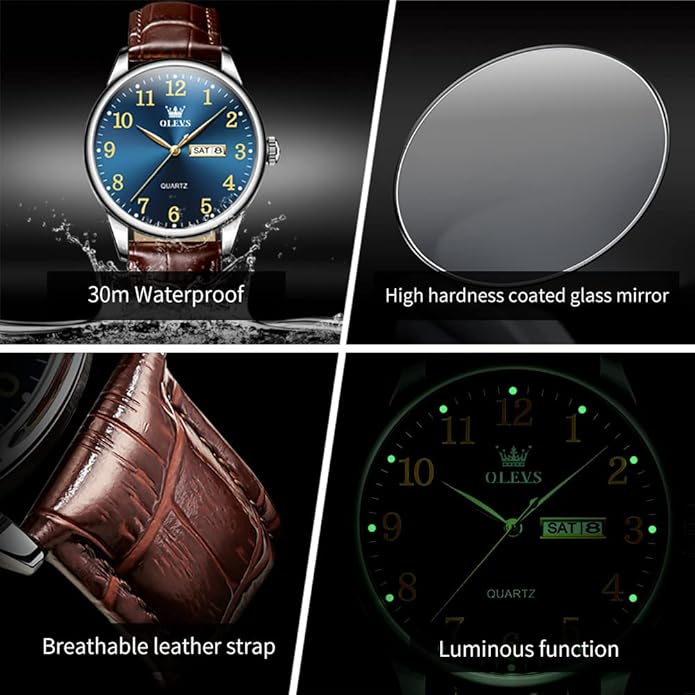 OLEVS Mens Watches, Casual Leather Watches for Men Easy to Read Quartz Number Watch with Date Waterproof Blue/Black/Silver Face Men's Wrist Watches…