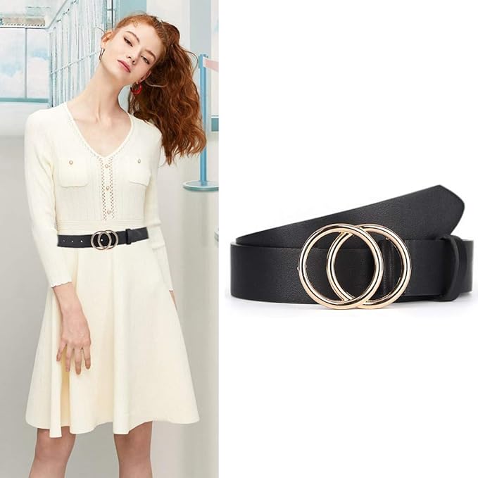 UnFader Pack 2 Women Belts for Jeans with Fashion Double O-Ring Buckle and Faux Leather