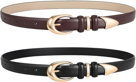 2 Pack Women Leather Belts for Jeans Dress Fashion Ladies Belt with Gold Silver Buckle