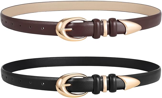 2 Pack Women Leather Belts for Jeans Dress Fashion Ladies Belt with Gold Silver Buckle
