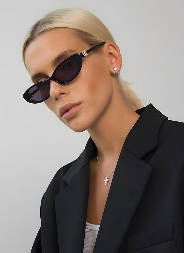 Retro Oval Cat Eye Sunglasses for Women Trendy Narrow Small Oval Sun Glasses 90s Vintage Shades