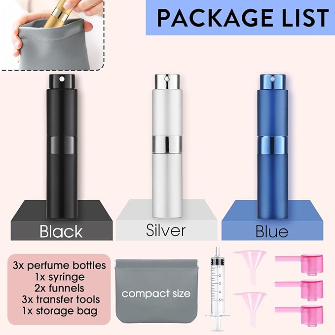 3 Pack 8ML Portable Atomizer Perfume Cologne Travel Spray Bottle for Refill Empty Cologne Dispenser Mini Sprayer for Adults Twist Tpye
